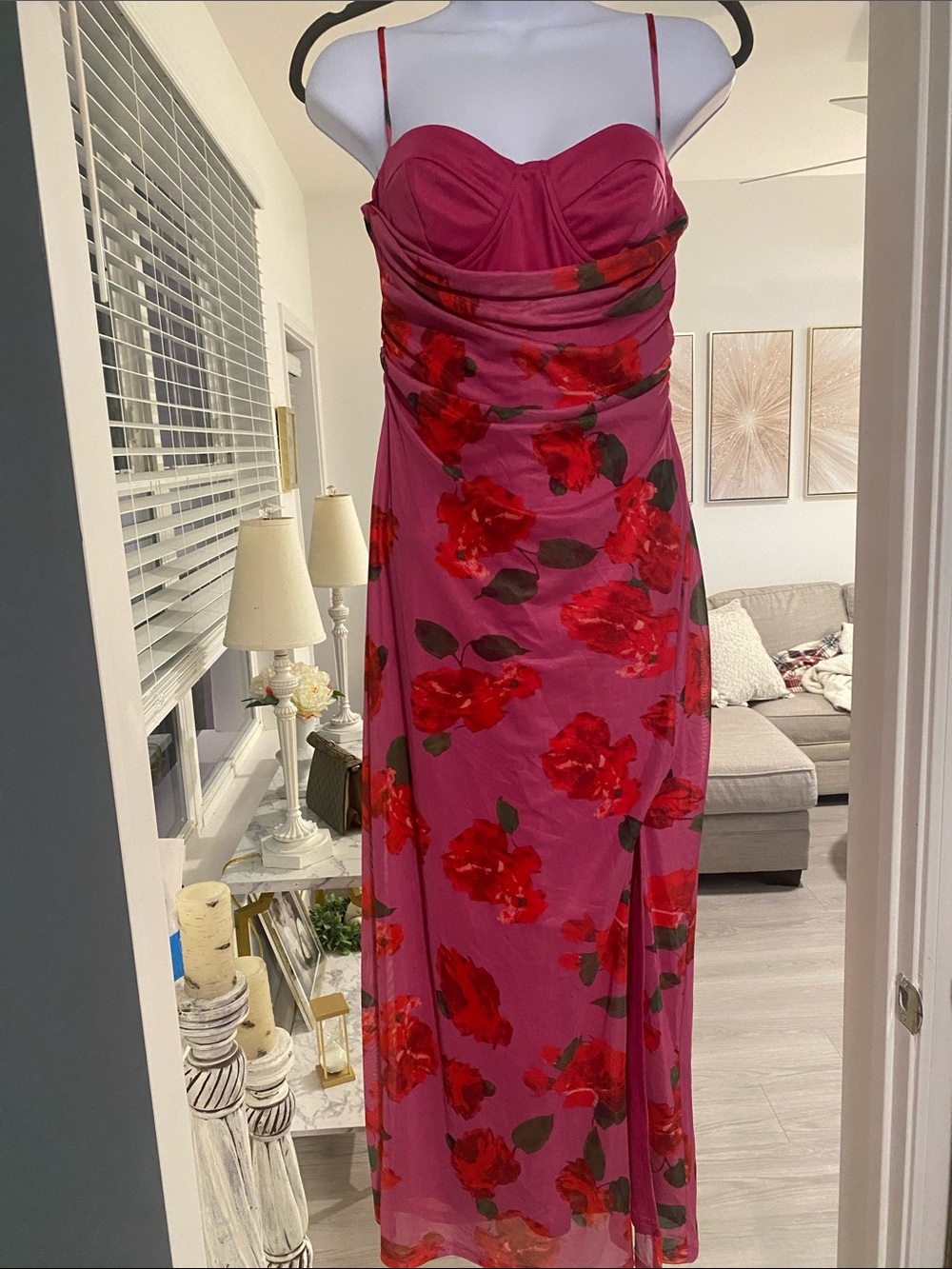 Pink Floral Maxi Dress with Spaghetti Straps